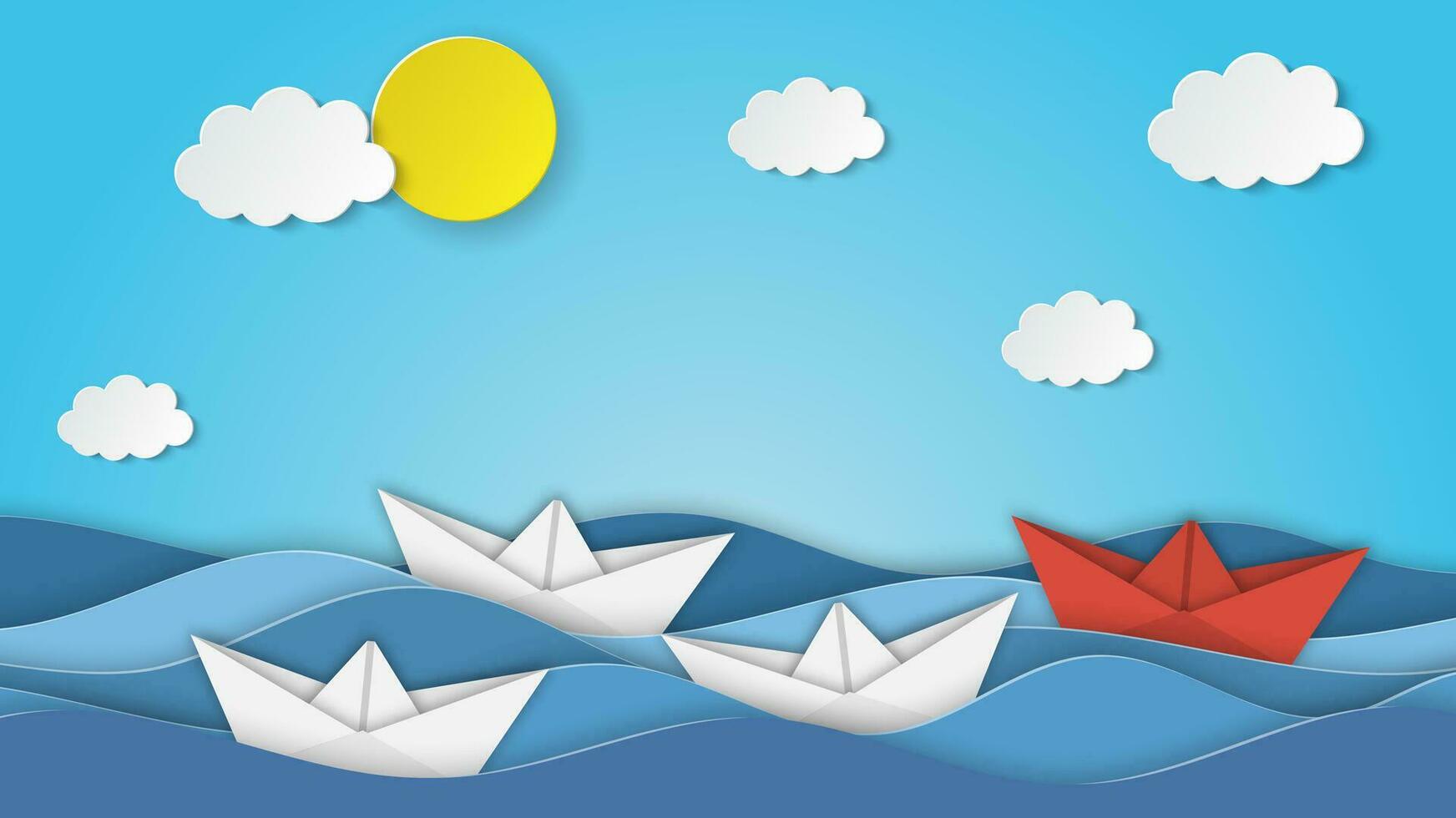 leiderschap concept gevisualiseerd met origami gevouwen schip speelgoed een van hen is zwemmen in de voorkant en leidend de team groep. gebruikt net zo een achtergrond. vector illustratie