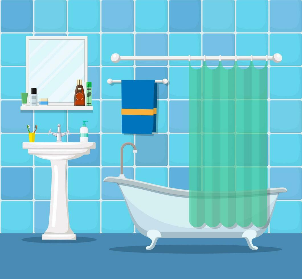 modern badkamer interieur met meubilair. huis interieur voorwerpen - bad, plein spiegel, wassen bassin. vector illustratie in vlak stijl