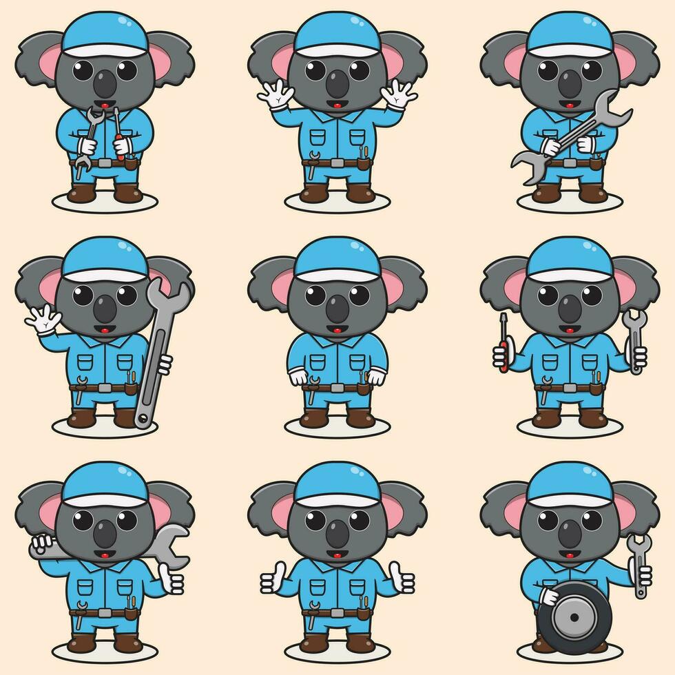 mascotte tekenfilm van schattig koala vervelend monteur uniform en kap. schattig koala illustratie. karakter dier. monteur tekenfilm set. vector illustratie in geïsoleerd achtergrond.