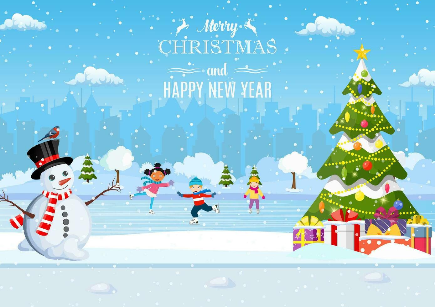 gelukkig nieuw jaar en vrolijk Kerstmis landschap kaart ontwerp met Kerstmis boom. winter tafereel met het schaatsen kinderen. kinderen jongen en meisje Aan de winter schaatsen baan. vector illustratie