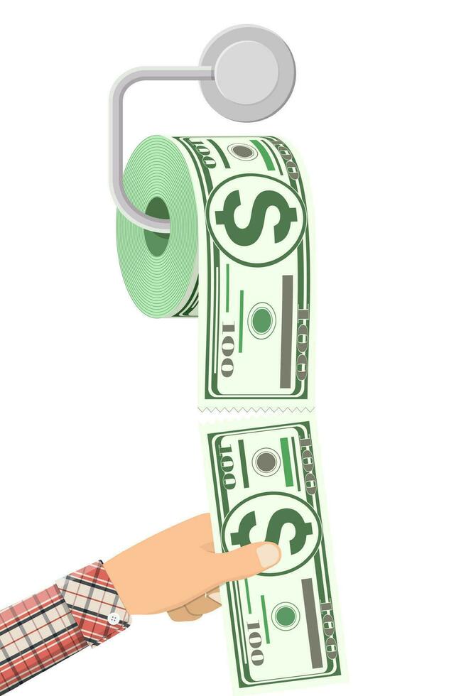 streng van toilet papier dollar geld. vuilnis verspilling investering. verliezende of verspilling geld, te veel uitgeven, faillissement of crisis. vector illustratie in vlak stijl