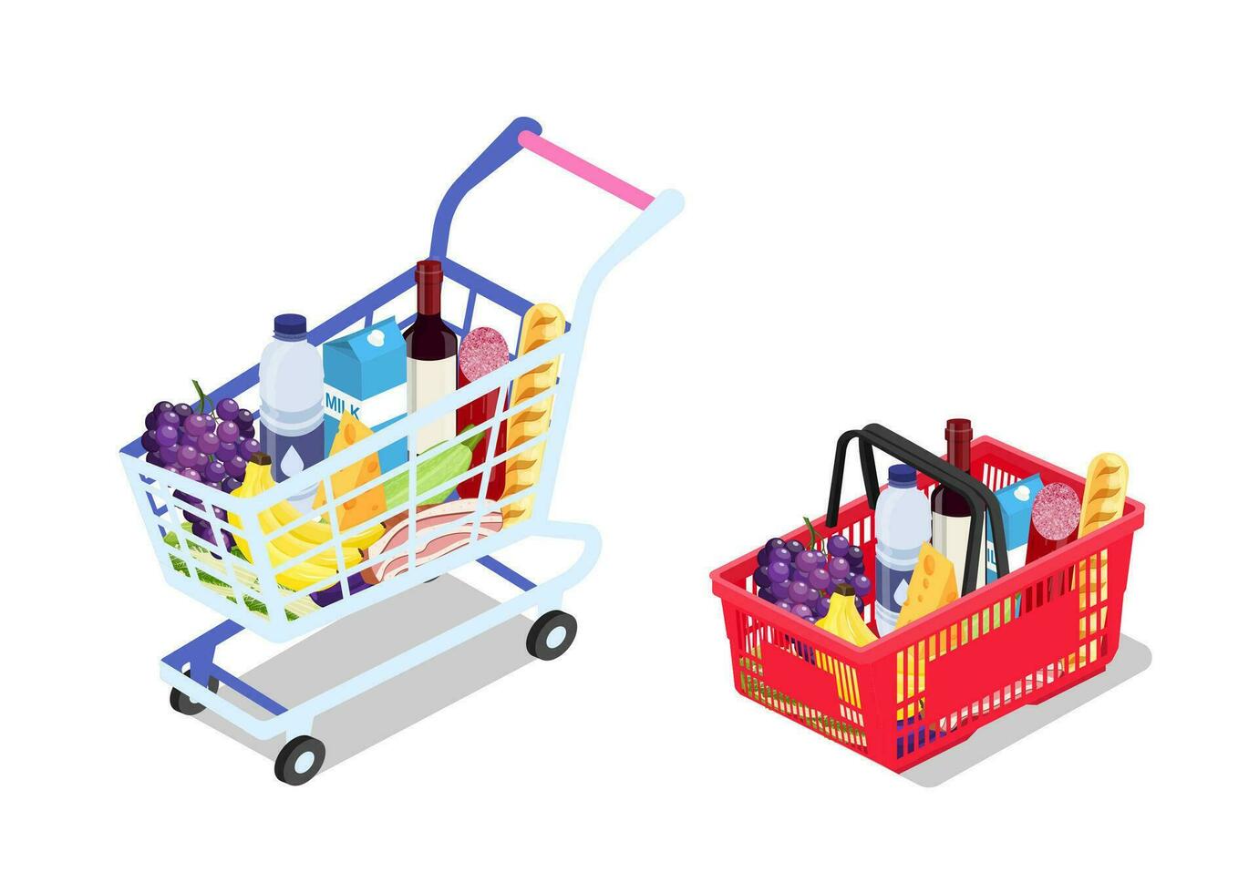 isometrische kruidenier kar en mand vol van boodschappen. supermarkt of lokaal op te slaan. voedsel boodschappen doen online Bij huis. e handel. vector illustratie in vlak stijl