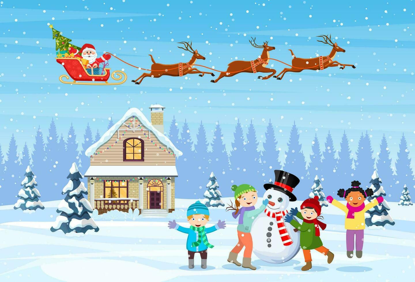 gelukkig nieuw jaar en vrolijk Kerstmis groet kaart. Kerstmis landschap. kinderen gebouw sneeuwman. winter vakantie. de kerstman claus met herten in lucht. vector illustratie in vlak stijl