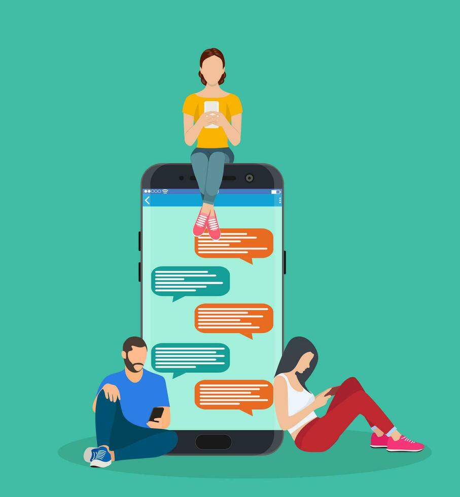 gelukkig mensen gebruik mobiel smartphonevoor chatten in sociaal media, voor, landen bladzijde, sjabloon, ui, web, mobiel app, poster, banier, folder. vector illustratie in vlak stijl