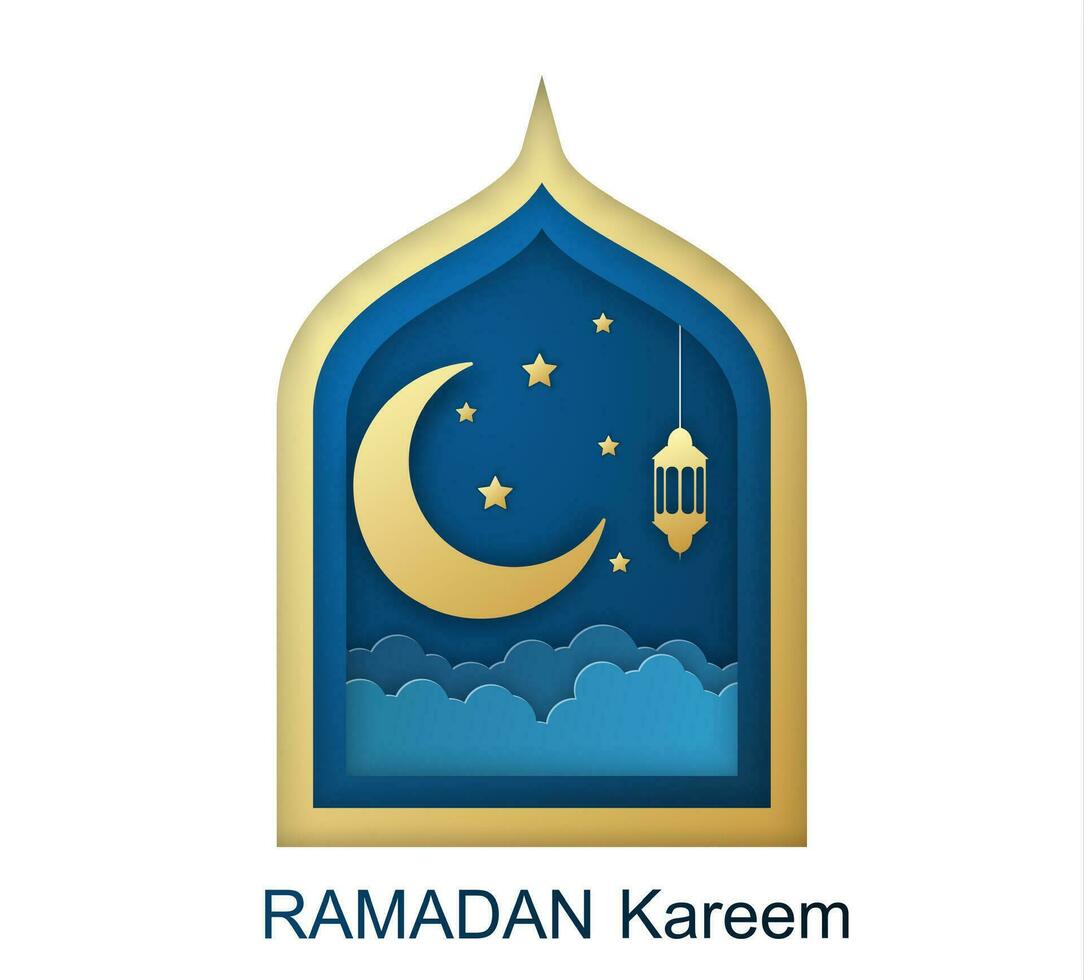 Ramadan kareem groet kaart, ontwerp met 3d papier besnoeiing symbolen van Ramadan mubarak, hangende goud lantaarns, Arabisch lampen, ster, papier kunst vector en illustratie