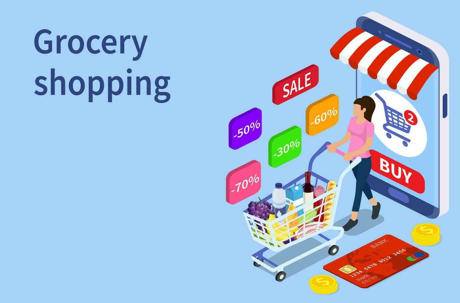 isometrische vrouw met boodschappen doen kar. boodschappen doen en supermarkt concept, kan gebruik voor web banier, infographics. vector illustratie in vlak stijl