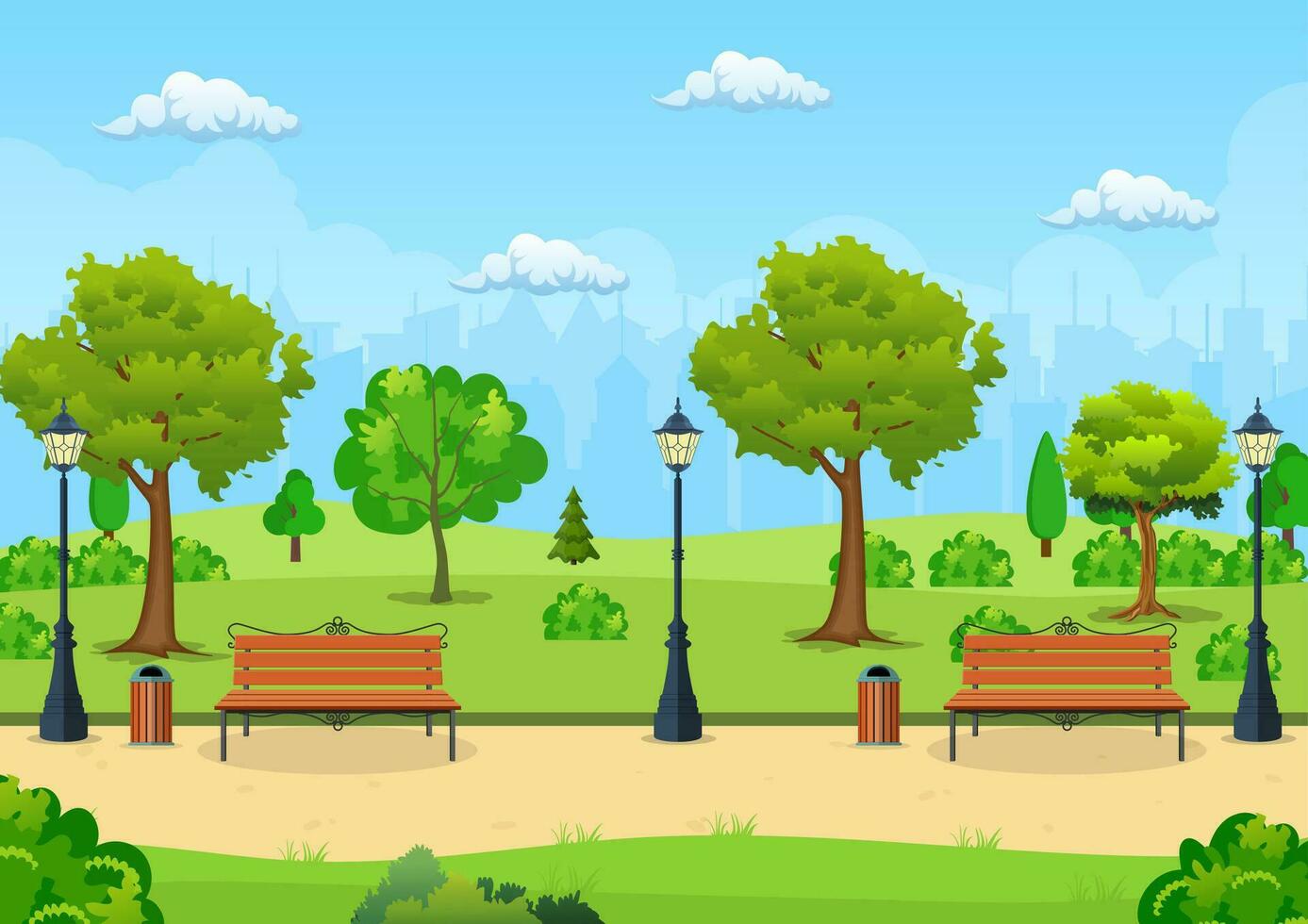 bank met boom en lantaarn in de park. vector illustratie in vlak stijl