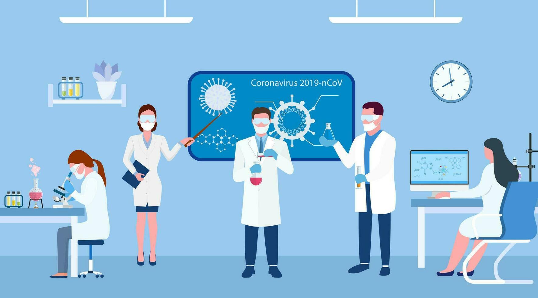 chemisch laboratorium wetenschap en technologie coronavirus 2019-nCoV. wetenschappers werkplaats concept. wetenschap, opleiding, chemie, experiment, laboratorium concept. vector illustratie in vlak ontwerp