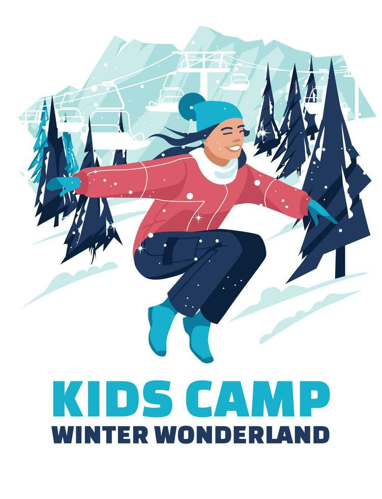 advertentie van een kinderen winter kamp. de meisje springt tegen de achtergrond van de winter bergen van de ski toevlucht. vector vlak illustratie.