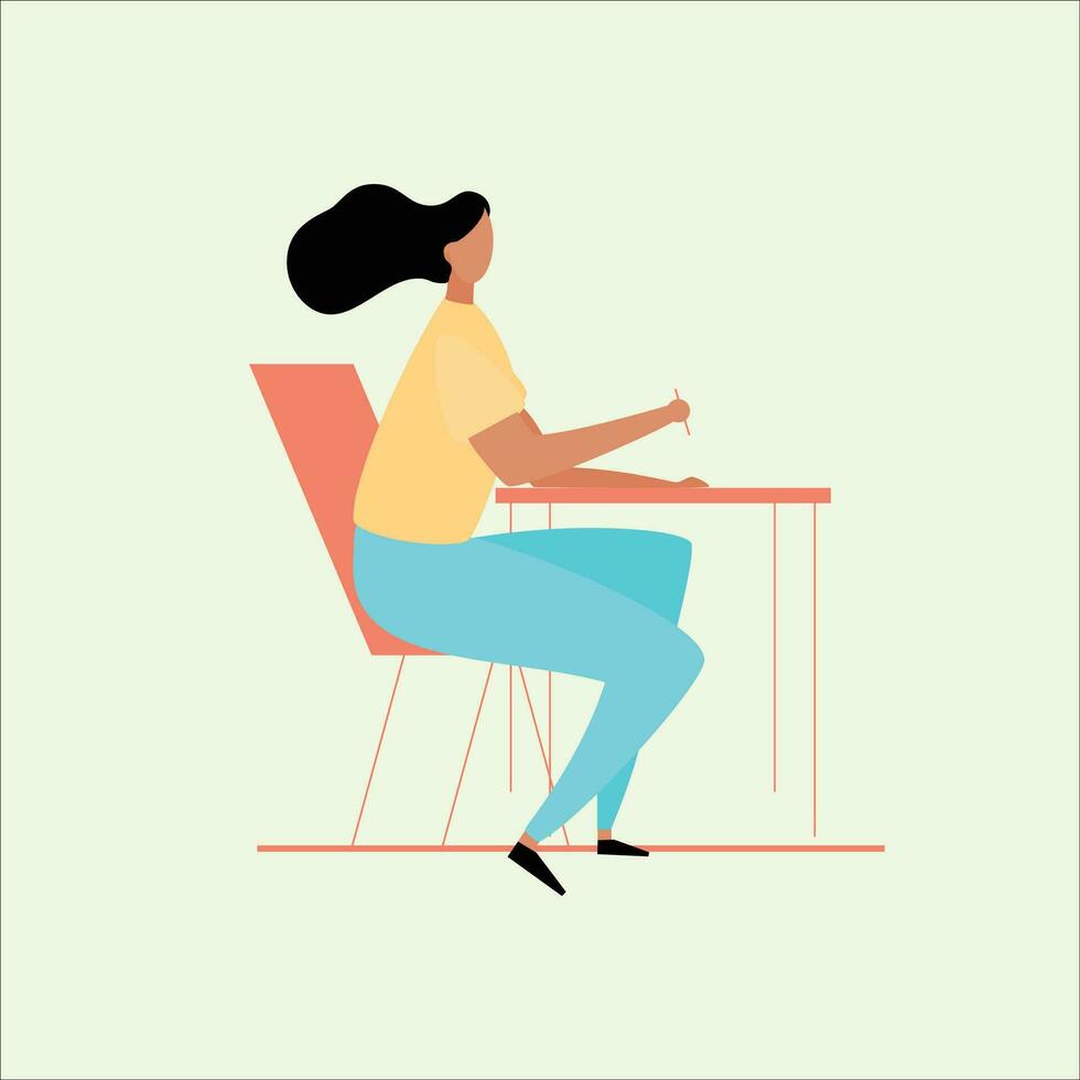vrouw zittend Bij de tafel. vector illustratie in een vlak stijl.