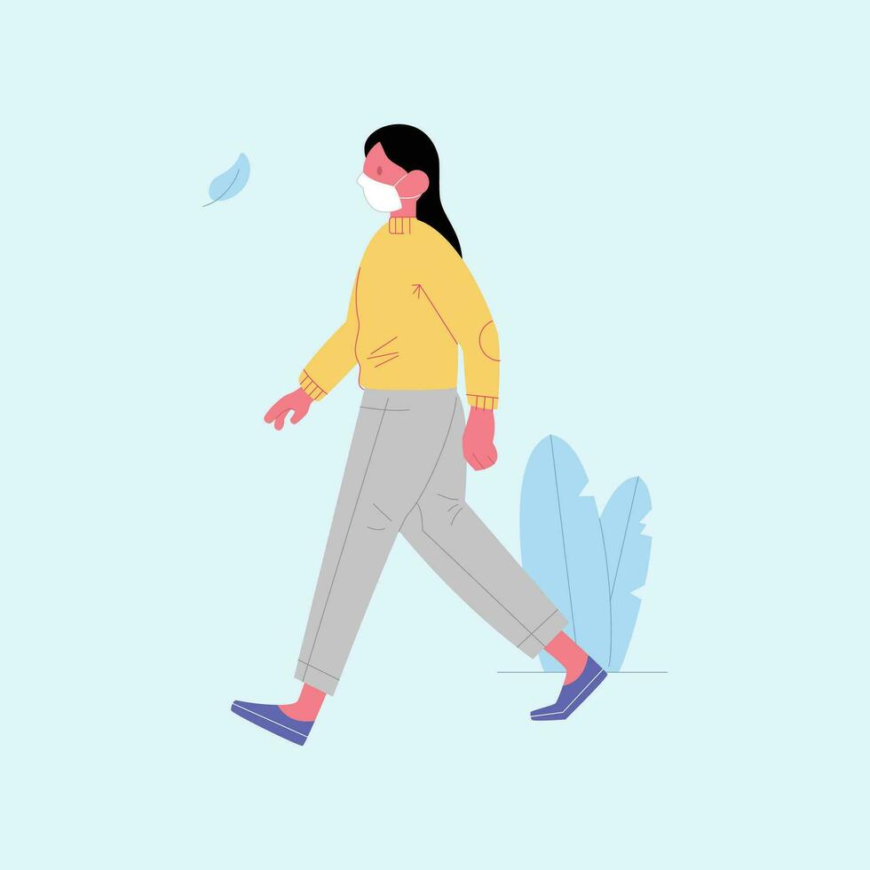vrouw vervelend medisch masker wandelen. vector illustratie in vlak tekenfilm stijl.