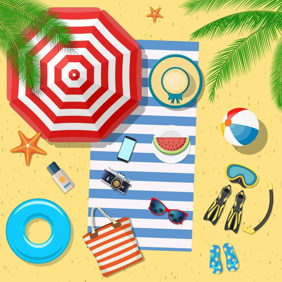 strand accessoires top leggen visie Aan zand. gestreept handdoek, paraplu, omdraaien flops, flippers, vlotter ring, snorkelen masker, tas, zonnebril, zon room, hoed, watermeloen vector illustratie in vlak stijl