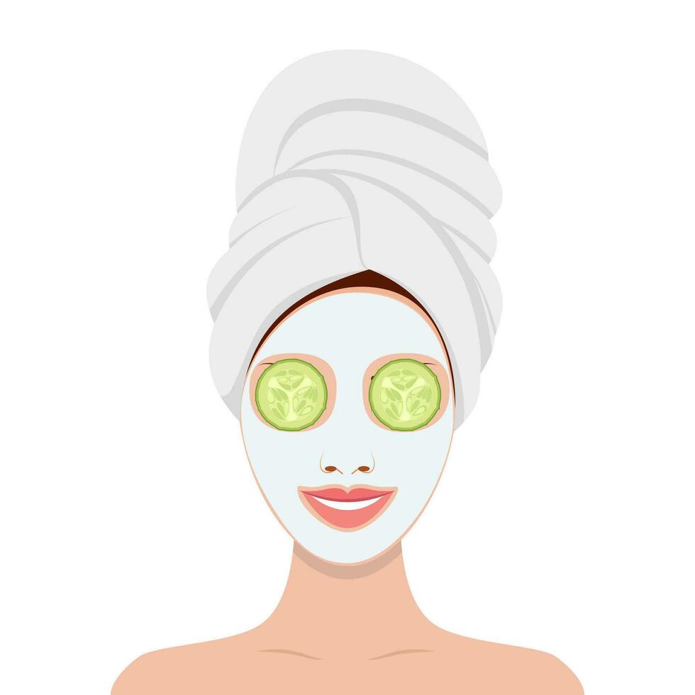 mooi vrouw met gelaats masker van komkommer plakjes Aan gezicht vector
