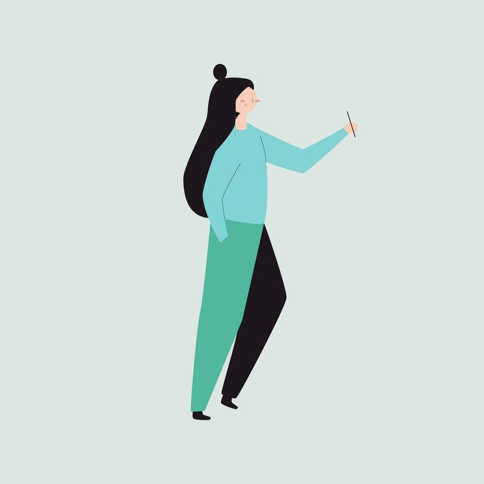 vrouw nemen selfie foto Aan smartphone. vector illustratie in vlak stijl.