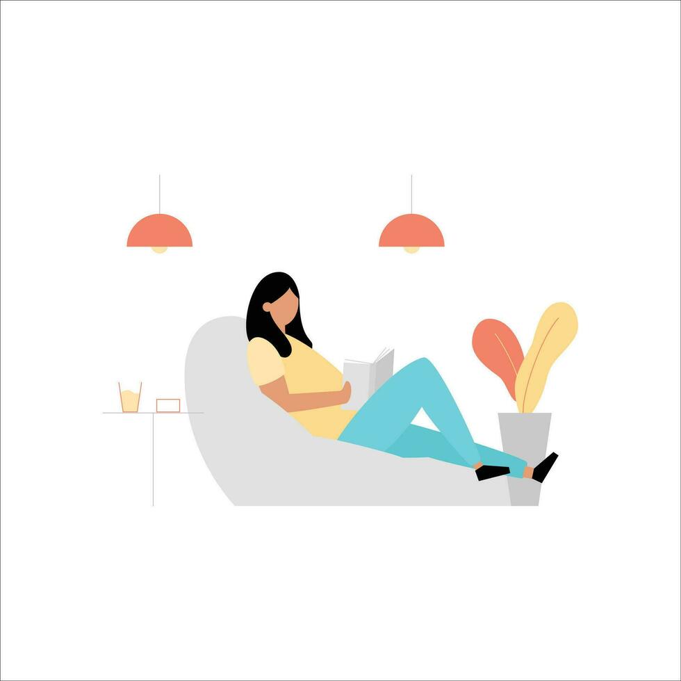 meisje zittend Aan sofa en lezing boek. vlak stijl vector illustratie.