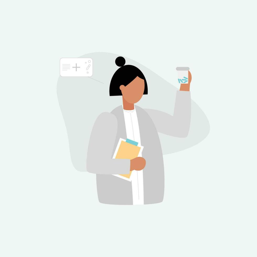 vector illustratie van een vrouw in een wit jas met een telefoon in haar handen.
