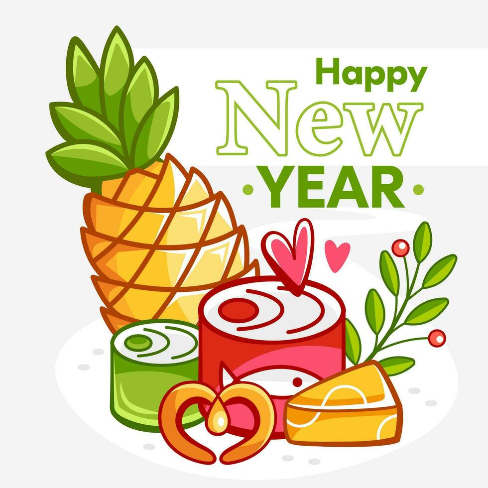 vector voedsel samenstelling van ananas, ingeblikt vis, kaas en gelukkig nieuw jaar belettering in schattig tekenfilm stijl.