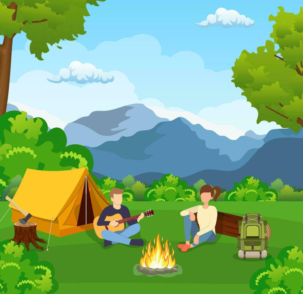 groep van jong mensen zijn zittend in de omgeving van kampvuur. jong toeristen, kampeerders tekenfilm karakters. Mens spelen gitaar. vector illustratie in vlak stijl