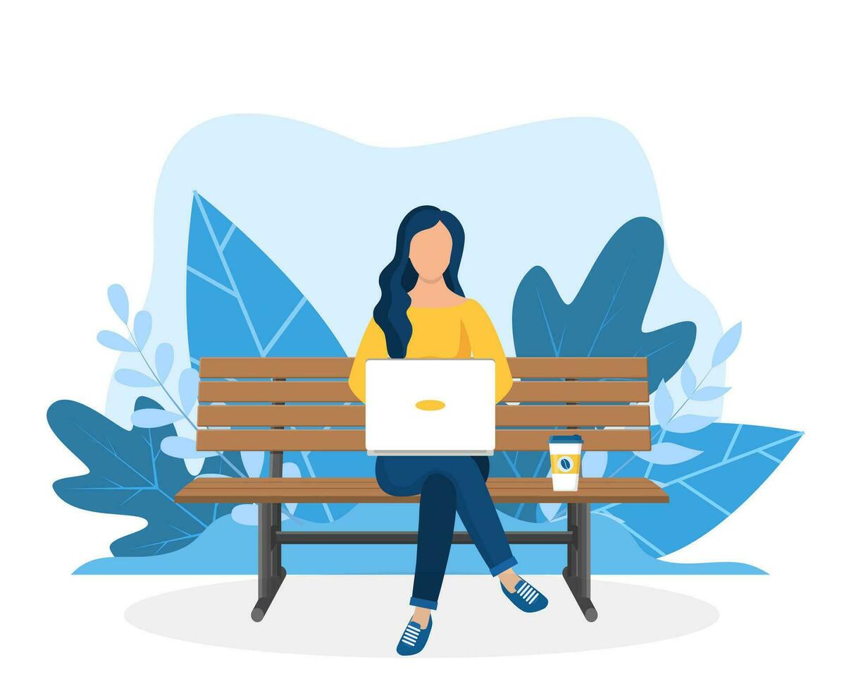 vrouw met laptop zittend Aan de bank in natuur met gekruiste poten. freelance of aan het studeren concept. web bladzijde ontwerp sjabloon voor online opleiding, opleiding. vector illustratie in vlak stijl