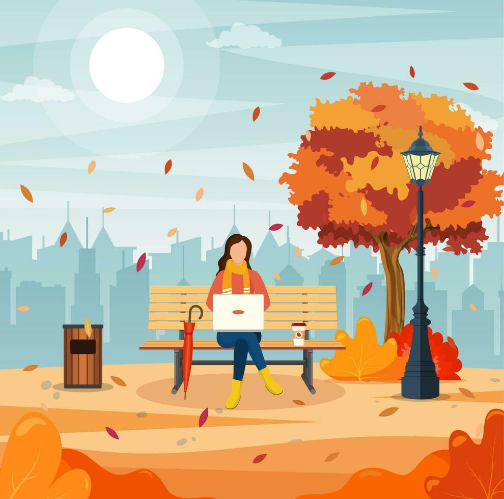 mooi herfst stad park met bank en stad- gebouw achtergrond. vrouw met laptop zittend Aan bank in herfst. freelance, afgelegen werk concept. vector illustratie in vlak stijl.