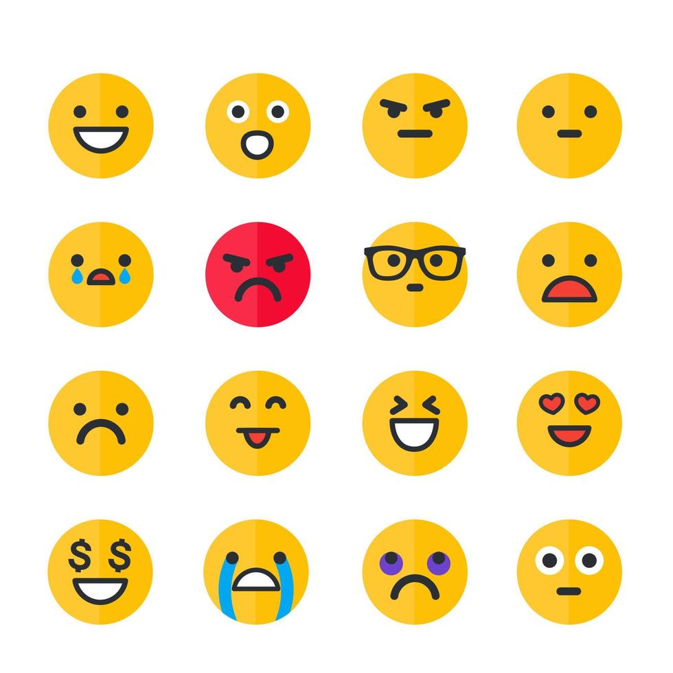 emoticons set, emoji, glimlach pictogrammen geïsoleerd op wit vector