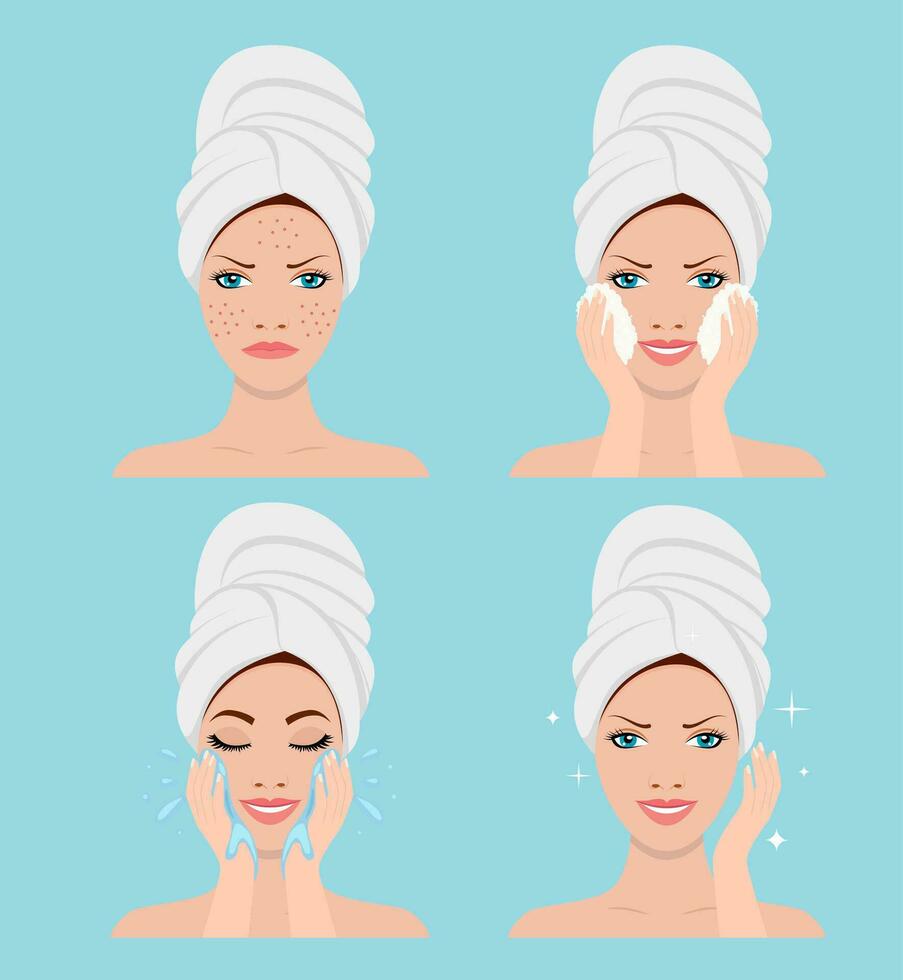 mooi vrouw in werkwijze van reiniging de gezicht van acne. spa schoonheid en Gezondheid concept. vector illustratie in vlak stijl