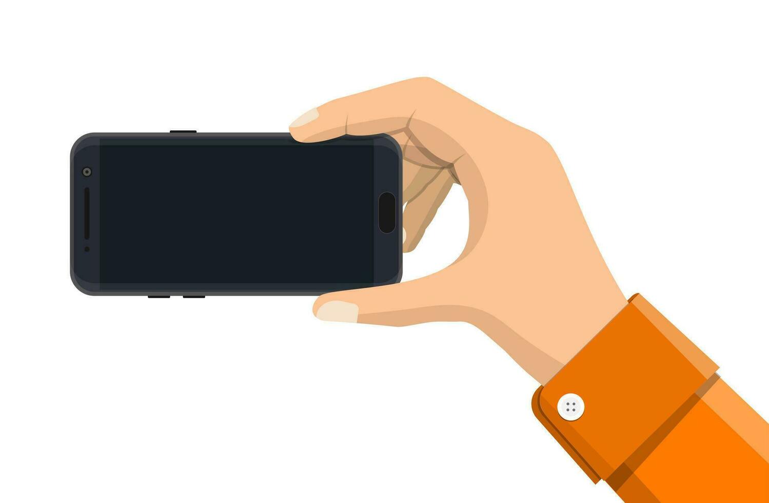 een hand- Holding mobiel smartphone met zwart scherm. mobiel fotografie concept. geïsoleerd Aan wit. illustratie in vlak stijl vector