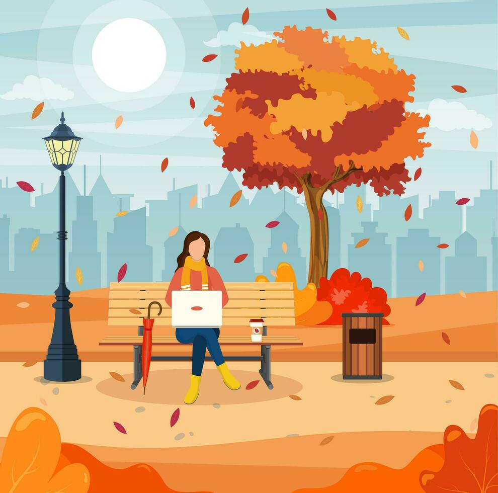 mooi herfst stad park met bank en stad- gebouw achtergrond. vrouw met laptop zittend Aan bank in herfst. freelance, afgelegen werk concept. vector illustratie in vlak stijl.