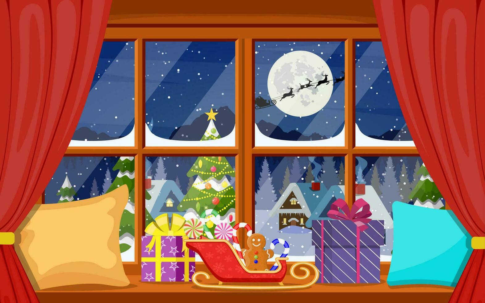 de kerstman claus en zijn rendier in venster. vector
