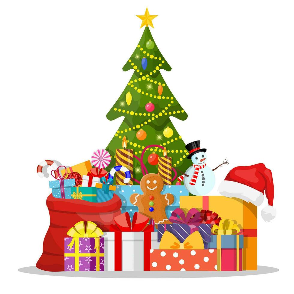Kerstmis boom versierd en geschenk dozen vector