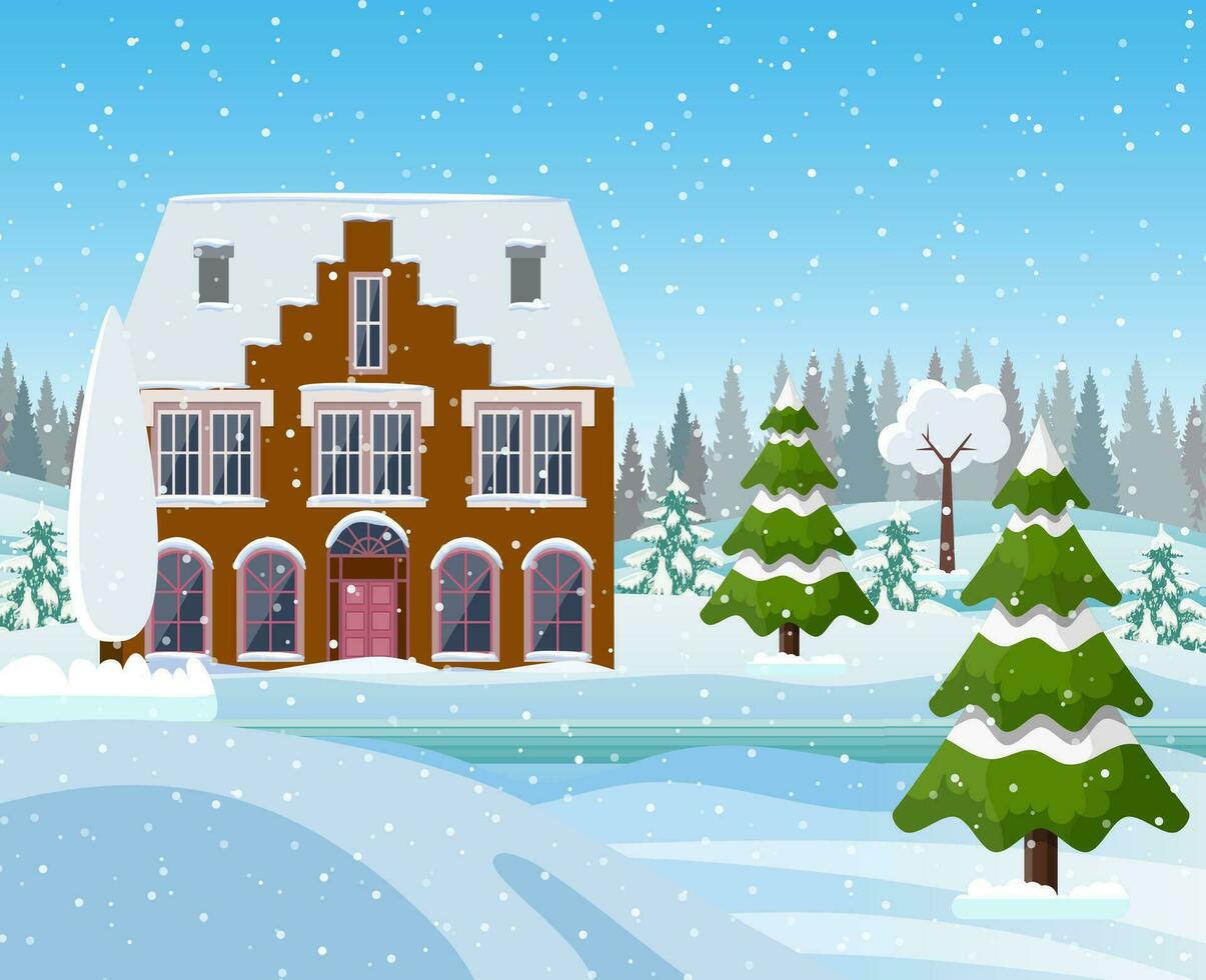 Kerstmis landschap achtergrond met sneeuw en boom vector