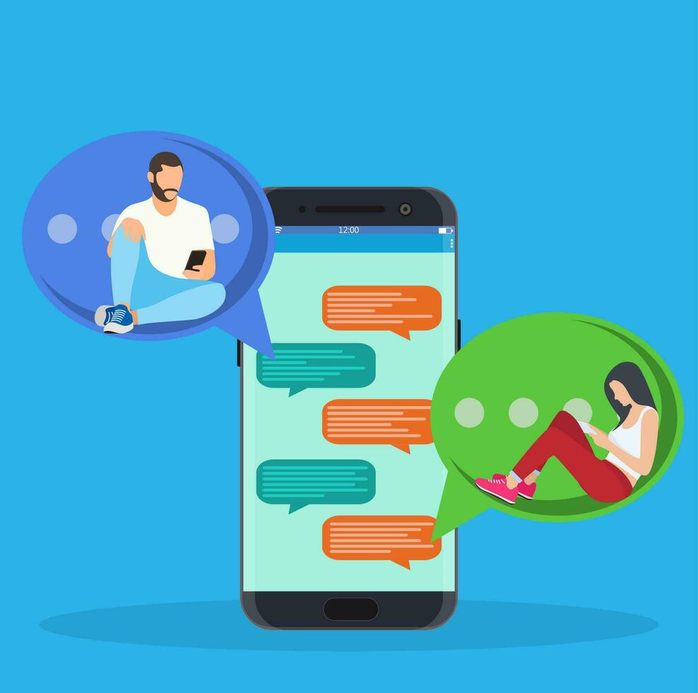 gelukkig mensen gebruik mobiel smartphonevoor chatten in sociaal media, voor, landen bladzijde, sjabloon, ui, web, mobiel app, poster, banier, folder. vector illustratie in vlak stijl