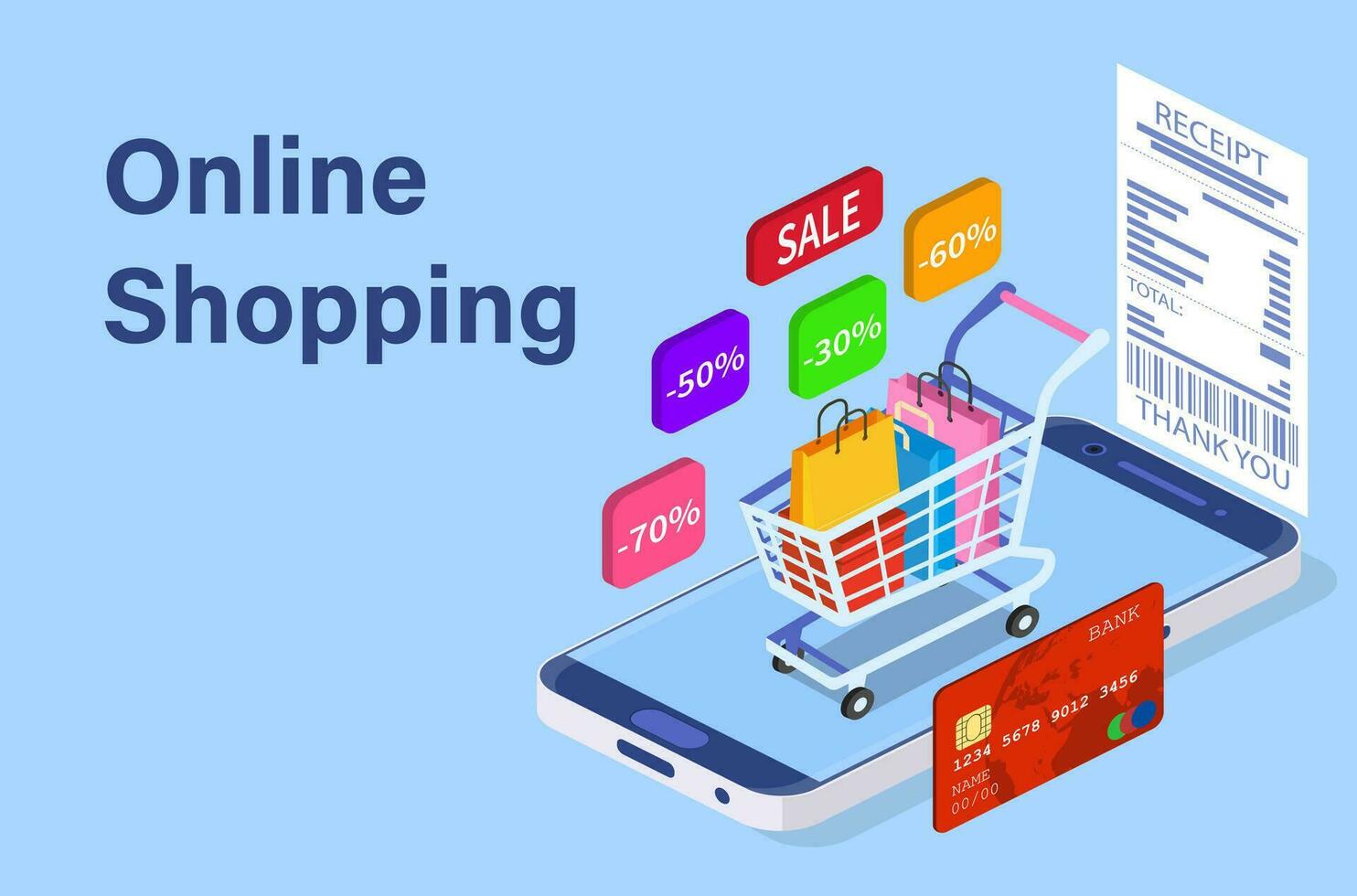 isometrische slim telefoon online boodschappen doen concept. online op te slaan, boodschappen doen kar icoon. e-commerce. vector illustratie in vlak stijl