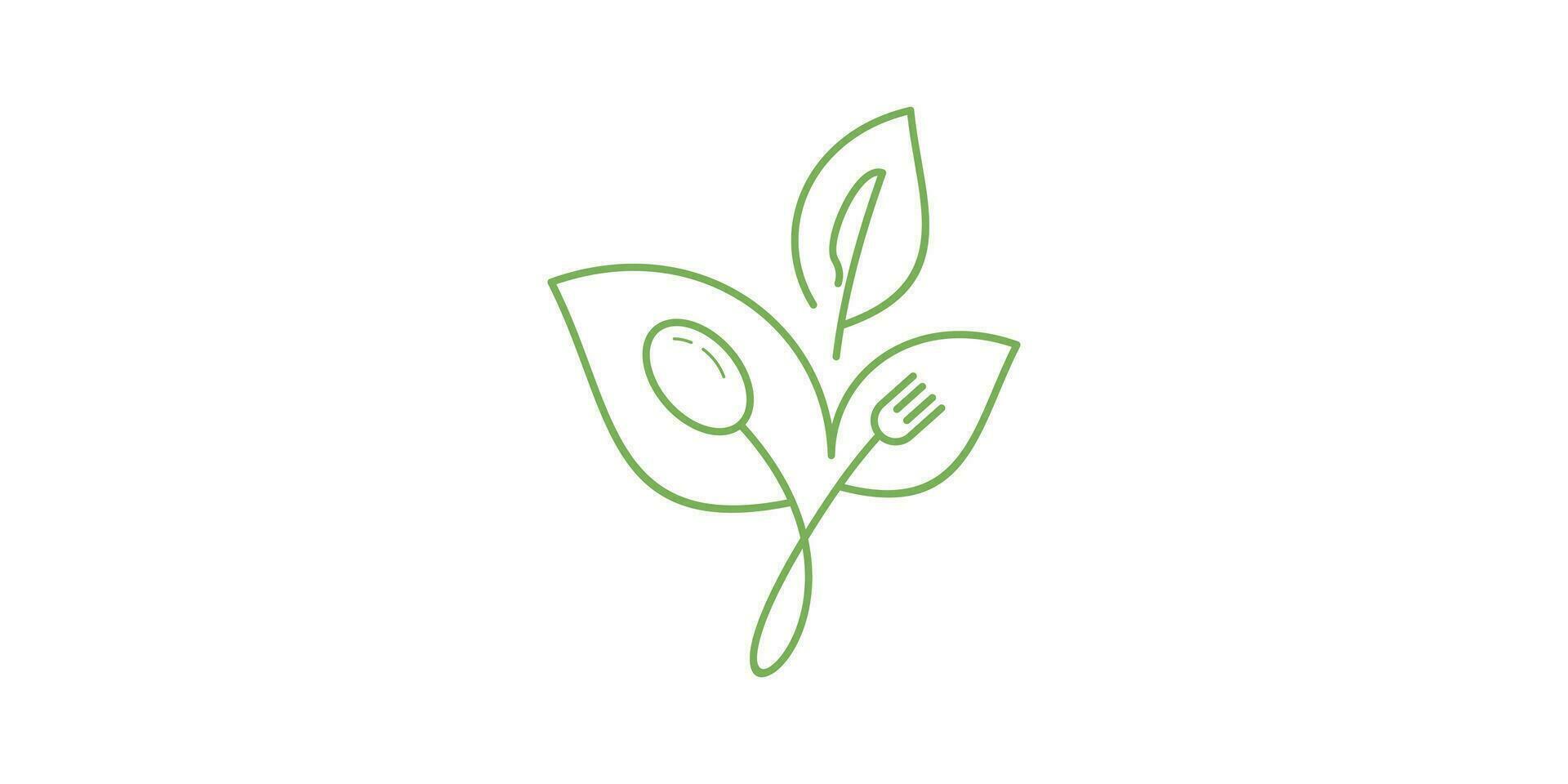 logo ontwerp combinatie van planten met bestek, gezond voedsel logo, minimalistische lijn. vector