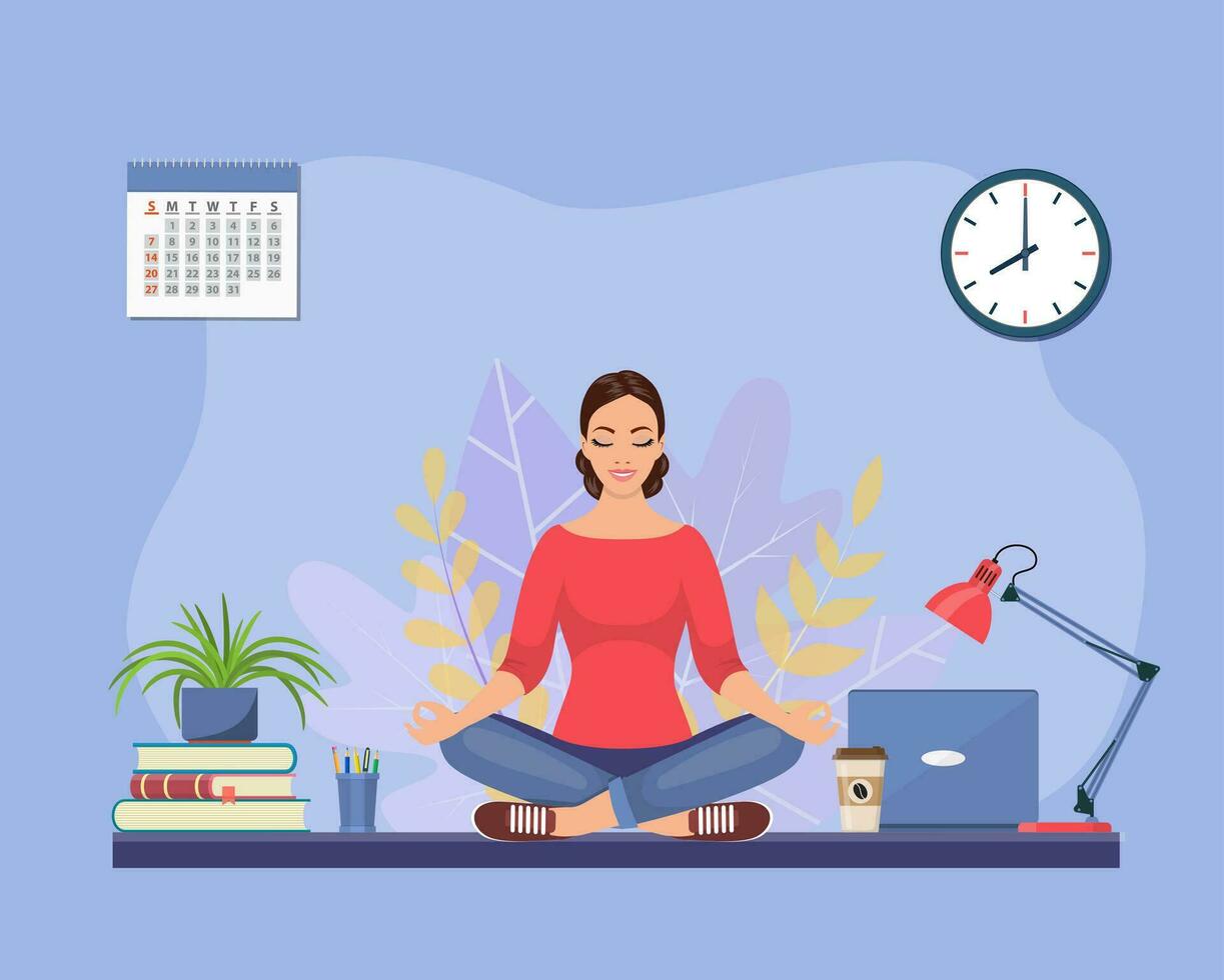 zakenvrouw aan het doen yoga naar kalmte naar beneden de stressvol emotie van moeilijk werk in kantoor over- bureau met kantoor concept van meditatie . vector illustratie in vlak stijl