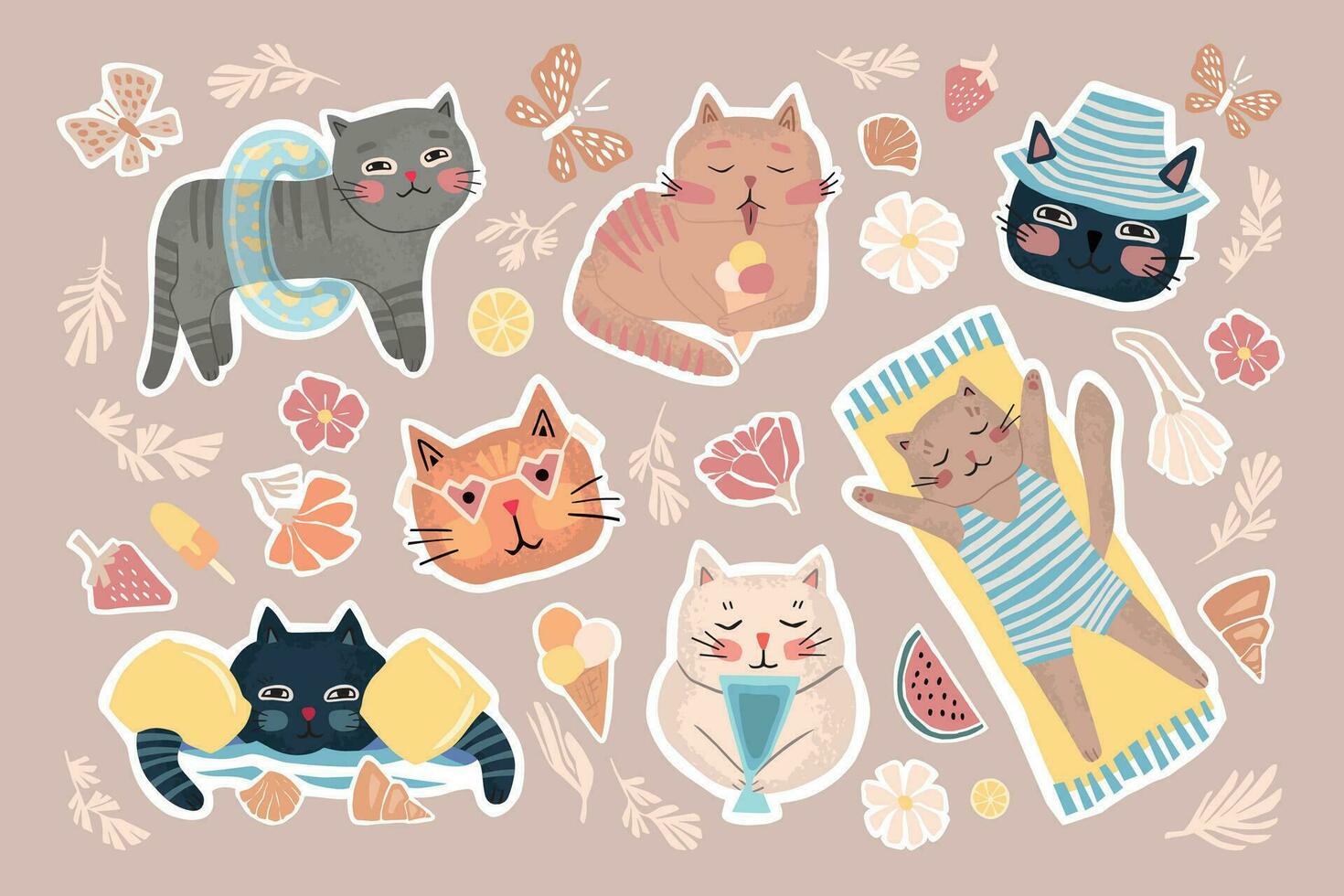 groot reeks van schattig zomer stickers. verschillend katten Aan zomer vakantie. vector vlak illustratie voor kinderen in Scandinavisch stijl.