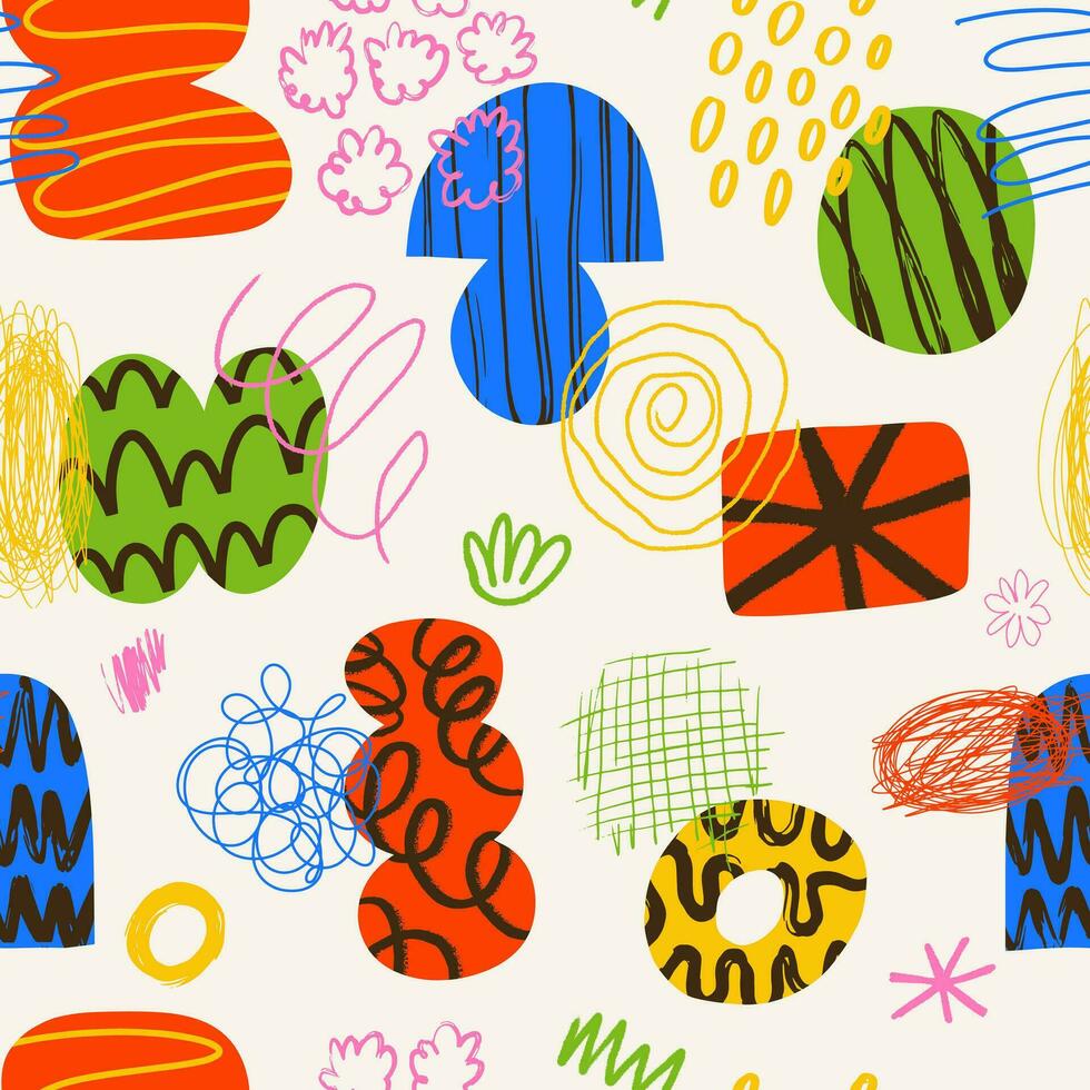esthetiek abstract hedendaags naadloos patroon met hand- getrokken getextureerde vormen, vlekken, kattebelletje en lijnen. levendig grunge meetkundig brutalisme y2k jaren 2000 afdrukken. modern collage vector illustratie