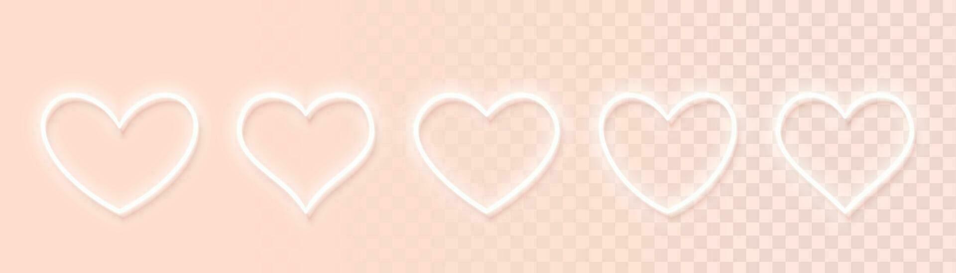 reeks van wit neon gloeiend hart pictogrammen van verschillend vormen voor licht achtergronden. ontwerp elementen voor Valentijnsdag dag. minimaal stijl. vector illustratie