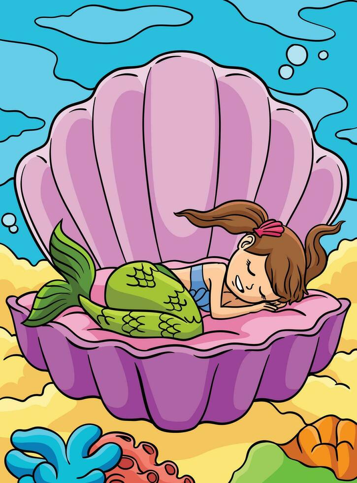 slapen meermin in een clam schelp gekleurde tekenfilm vector