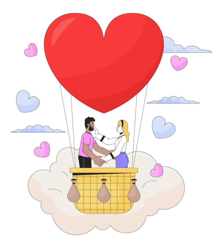 liefde bekentenis in heet lucht ballon vlucht 2d lineair illustratie concept. interraciaal paar tekenfilm tekens geïsoleerd Aan wit. speciaal gelegenheid metafoor abstract vlak vector schets grafisch