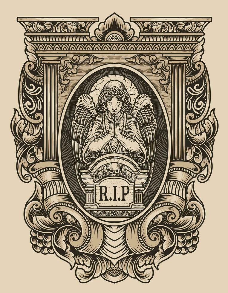 illustratie vector engelen bidden Bij de grafsteen met gravure ornament kader