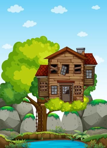 Oude houten treehouse op de boom vector