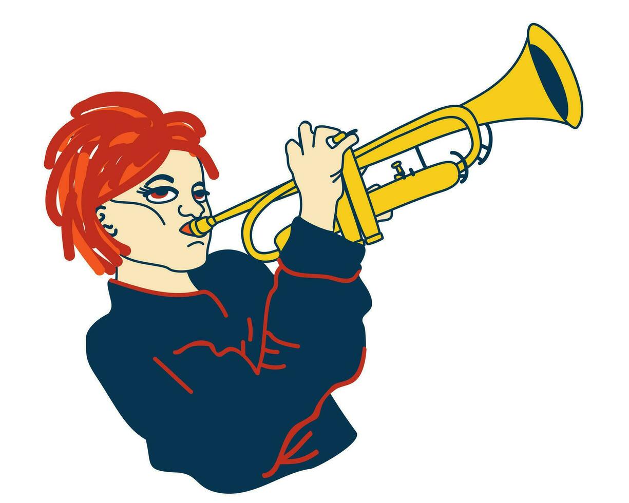 jong vrouw spelen Aan trompet. muziek- concept vector