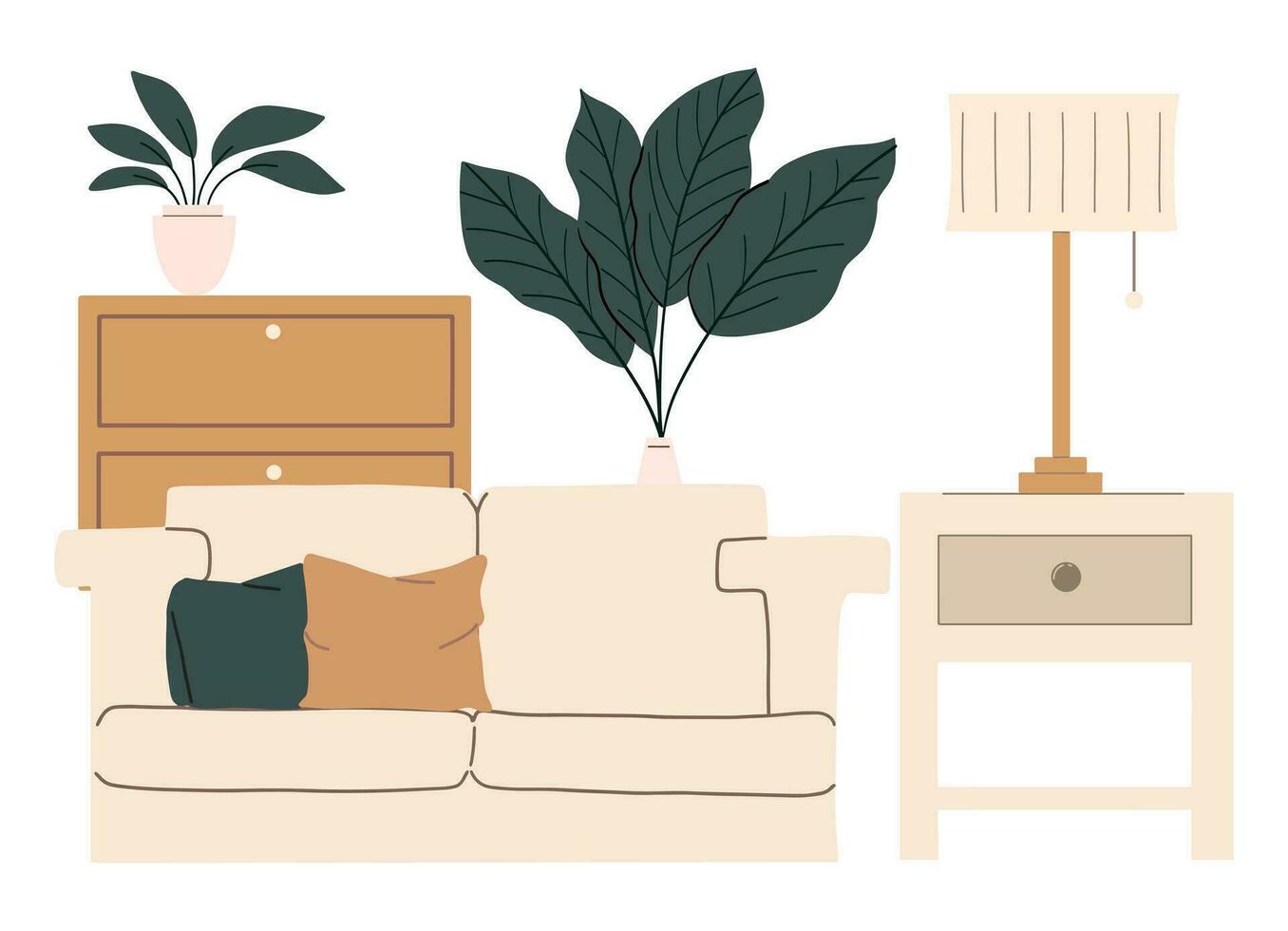 modern interieur ontwerp in Scandinavisch stijl. bank, nachtkastje tafel, vaas en lamp. vector illustratie