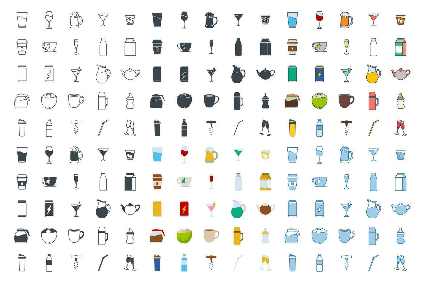 drinken icoon mega set, inbegrepen pictogrammen net zo bier mok, map, thee pot, melk fles en meer symbolen verzameling, logo geïsoleerd vector illustratie