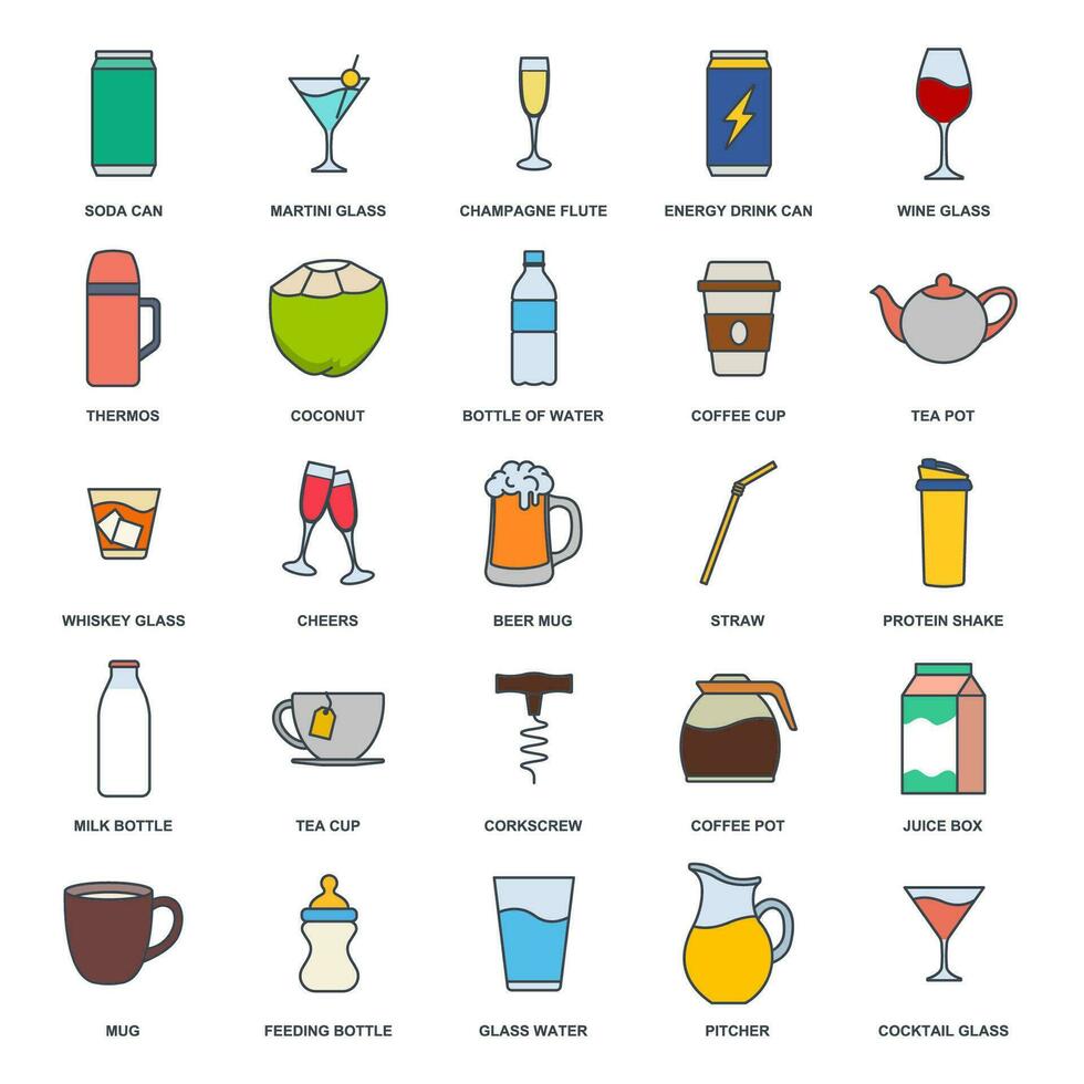 drinken icoon set, inbegrepen pictogrammen net zo bier mok, map, thee pot, melk fles en meer symbolen verzameling, logo geïsoleerd vector illustratie