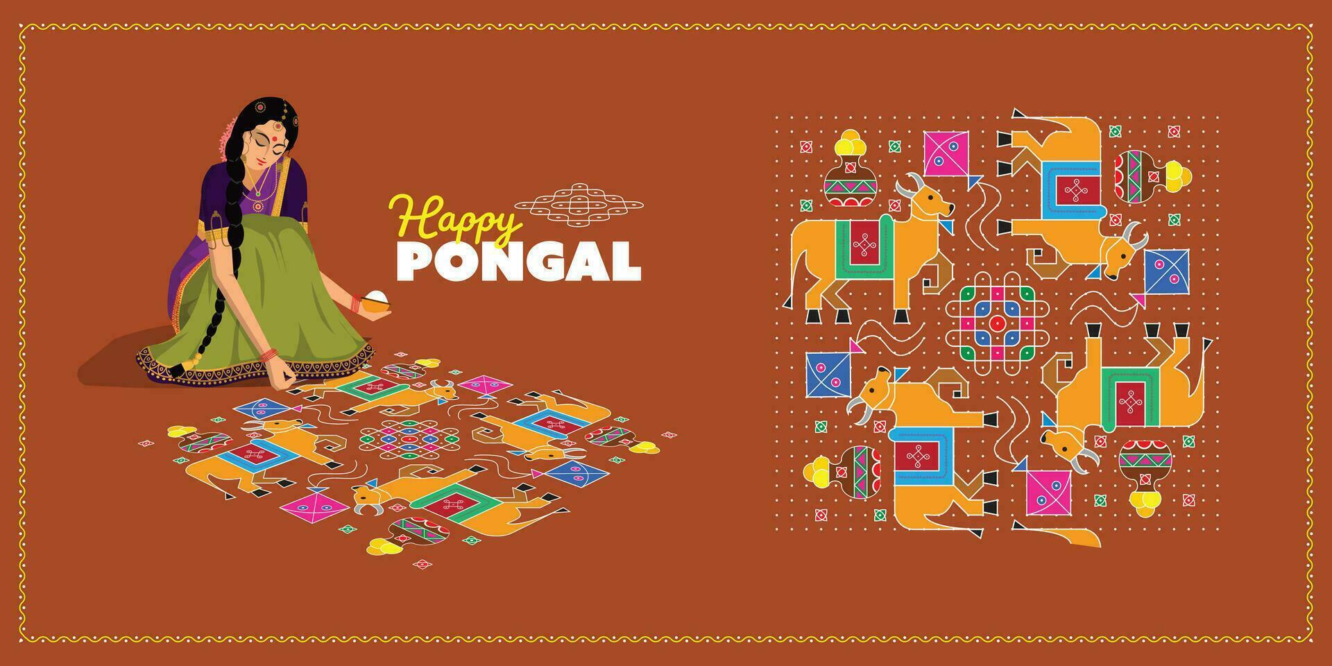 gelukkig pongal. vector illustratie van een zuiden Indisch vrouw maken kolam vooraan van huis.