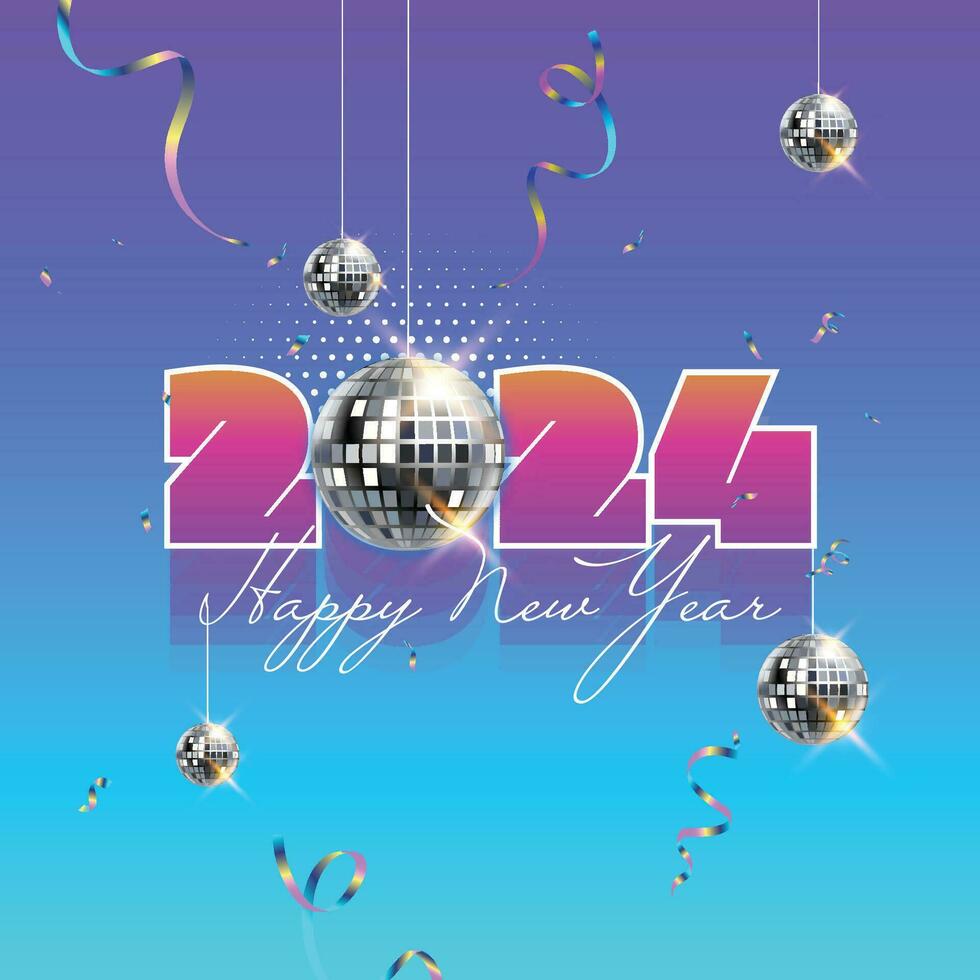 2024 gelukkig nieuw jaar achtergrond ontwerp met disco bal en confetti. groet kaart, banier, poster. vector illustratie.