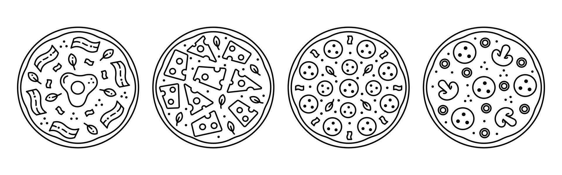 reeks smakelijk pizza lijn icoon. pizzeria levering onderhoud. redactioneel hartinfarct. carbonara, kaas, salami, peperoni, paddestoel. vector