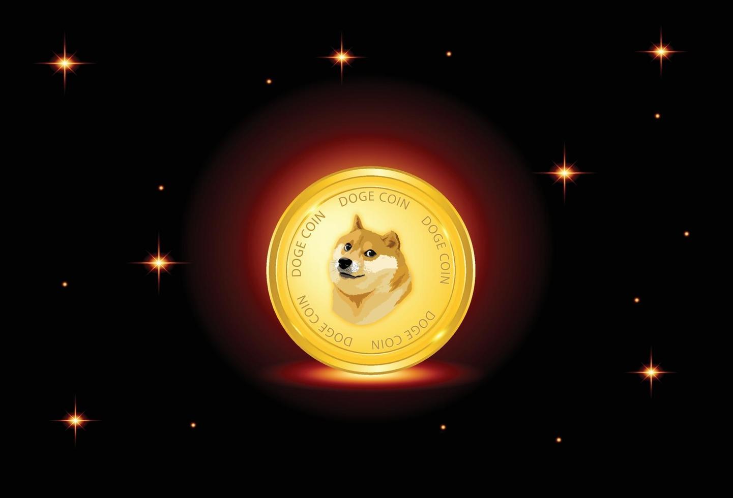 doge munt op vuur rode achtergrond en sterren vector